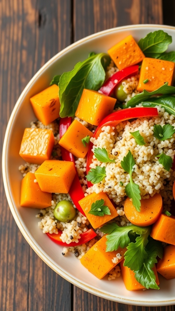 A vibrant yam and quinoa salad with roasted yams, quinoa, bell peppers, and greens in a bowl.